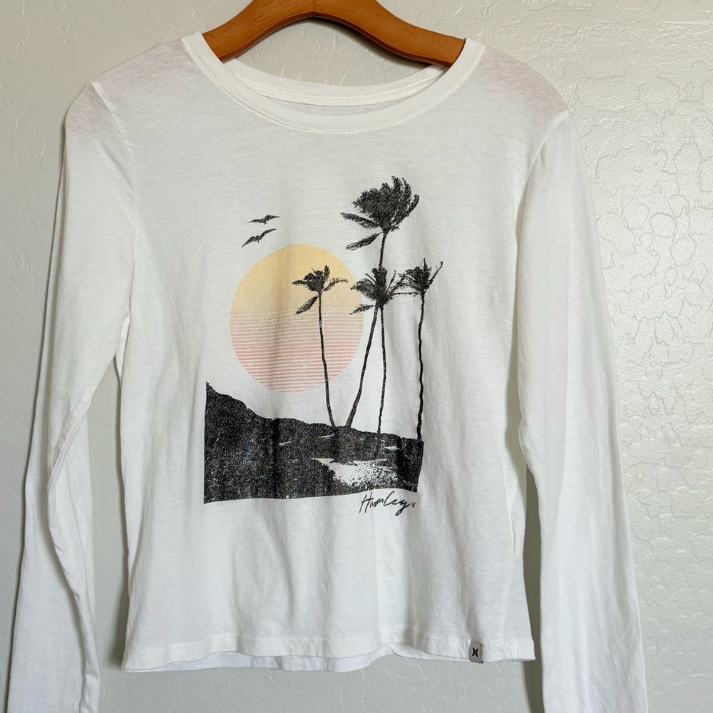 Hurley White Palm Tree Graphic Long Sleeve Tee